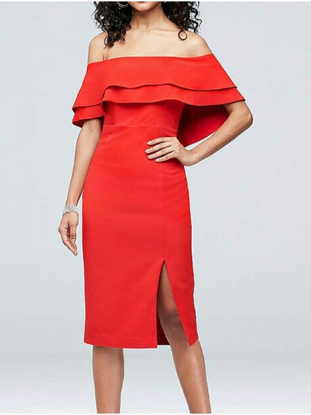 Bardot Red Off-Shoulder Ruffle Midi Dress with Front Slit